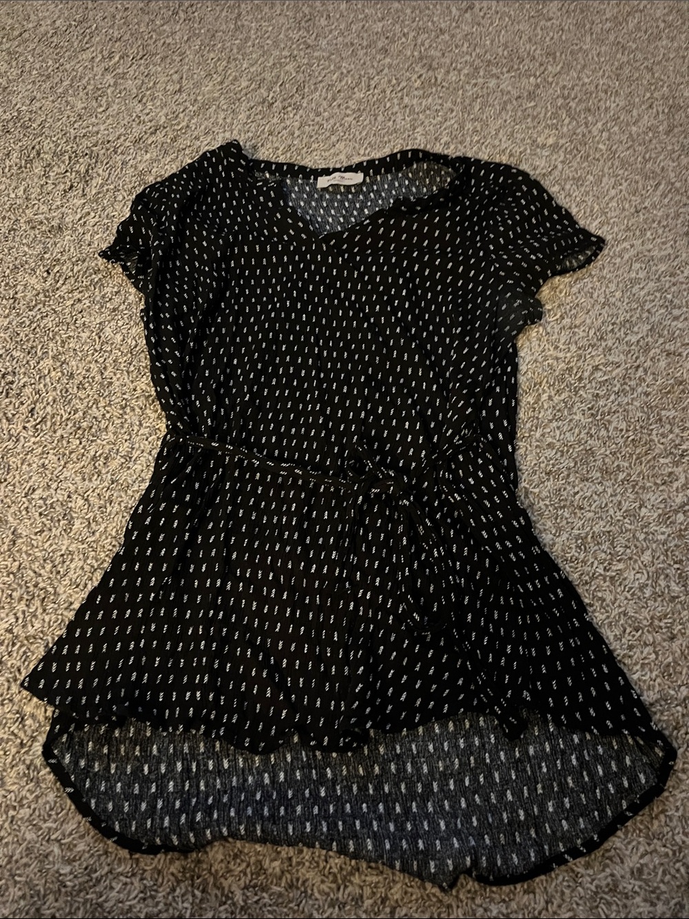 Black Short-Sleeve Polka Dot Tie-Waist Blouse - Picture 1 of 6